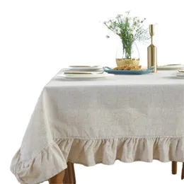 Rustic Vintage Flounces Ruffle Trim Tablecloth Washable Cotton Linen Rectangular Table Cover for Kitchen Farmhouse 210724