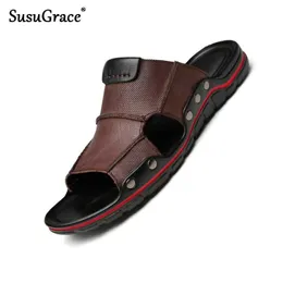 SusuGrace Genuine Leather Men Slippers Outdoor Plus Size leather Sandals Casual Zapatillas De Casa Non-slip Slippers Hombre 210624