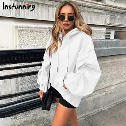 Instunning kvinnor hooded tröja bomull harajuku ruched långärmad höst vinter löst dragsko hoodies casual streetwear x0629