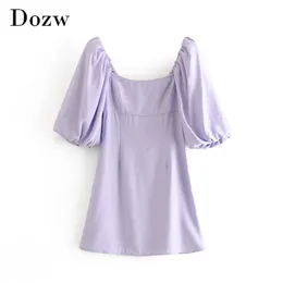 紫色の色のラインドレス女性Puffの半袖シックなミニ背中の正方形襟休日の女性Ropa Mujer 210515