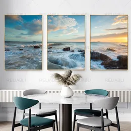 Meereslandschaft Poster und Drucke Ozean Sonnenuntergang Landschaft Malerei Moderne Leinwanddrucke 3 Panels Wandkunst Bild für Wohnzimmer Dekor