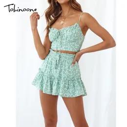 Tobinoone Summer Sexy Women's Sets Puff Sleeve Floral Print Two Pieces Beach Set Off Shoulder Crop Tops And Shorts Casual Suits X0428