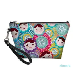 Bolsa de maquiagem de couro com estampa de boneca matryoshka, bolsa de maquiagem feminina, organizador de viagem para cosméticos, mini bolsa, estojo de cosméticos