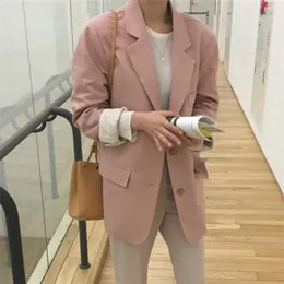 Прибытие Осень Корея мода женщины с длинным рукавом свободные пиджаки офисные дамы костюм пальто куртка женский розовый Blazer S128 210512