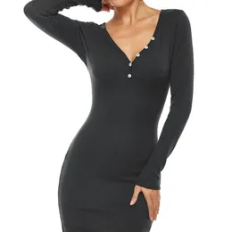 WWenn Plus Storlek 4XL 5XL Klubb Klänning Grön Svart Party Klänningar Ribbed Sexig V-Neck Button Solid Långärmad Vår Elegant Grå 210507