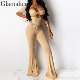 Glamaker Sexy short sleeve long knitted jumpsuit Women hollow out bodycon jumpsuit romper Female elegant playsuit jump suit 210412