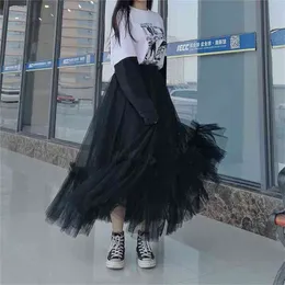 High Waist Pleated Long Skirt Female Ankle-Length Vintage Adult Tulle s Womens Black Elastic Puffy s 210421
