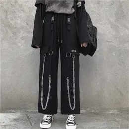 QWEEK Gothic Harajuku Cargo Pant Punk Chain Wide Leg Korean Style Oversized Streetwear Trousers Female Techwear Emo 211124