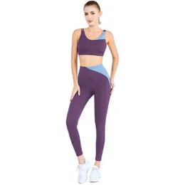 Gym Clothing Women Sports Suits Color Blocking Leggings With Bra 2pcs Quick Dry Naked Feeling Yoga Dancing Train Fitness Workout Set