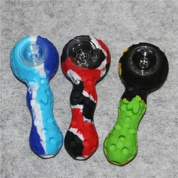 Silicone flexível inquebrável fumar tubo de mão de tabaco com uma tigela de vidro removível Silicon Dab Rigs Portátil Herb Silico Bong Silico