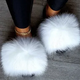 Ethel Anerson 2019 Newest Slippers Real /raccoon Fur Slides Indoor Flip Flops Casual High Quality Sandals Fluffy Plush Shoes Q0508