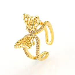 Luxo senhoras 10k acabamento de ouro com pedras laterais borboleta bonita corte cz anel de noivado de diamante casamento banda de casamento nupcial daith helix aro ajustável