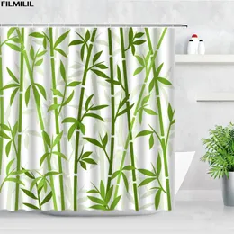 샤워 커튼 Filmilil Green Bamboo 세트 중국 스타일의 잉크 식물 선 정원 홈 장식 폴리 에스테르 욕실 목욕 커튼 후크