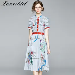 Runway Designer Beading Lace Hollow Out Bow Collar Patchwork Pleated Women Short Sleeve Chain Flower Print Midi Dress 210416