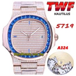 TWF 5719 PP324 A324 Automatisk herrklocka stenlagda helt isade diamanter Dial Blue T Diamond Bezel Stick Rose Gold Rostfritt stål Armband Evighetsmycken Watches