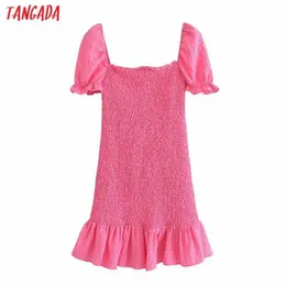 Tangada الصيف المرأة الفرنسية نمط الوردي قلم اللباس نفخة قصيرة الأكمام السيدات فستان الشمس 3H482 210609