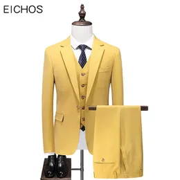 ESTデザイン明るい黄色の新郎結婚式スーツ男性2021ファッションスリムフィットフォーマルスーツ男性スリーピースプロムパーティーウェアメンズブレザー