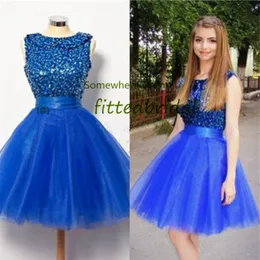 Real Photos Royal Blue Scoop Sequinsショートウエディングドレスラインチュールホームカミングドレスカクテルパーティーガウンプラスサイズ