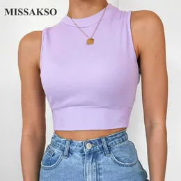 Missakso Summer Women Backless Crop Top Streetwear Sleeveless O Neck Cross Lace Up Sexy Solid Knitted Tank Top 210625