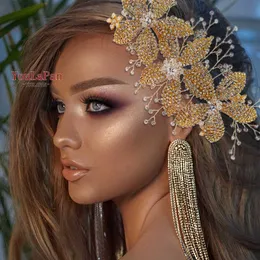 TopQueen HP252 Golden Wedding Liga Flor Headband Nupcial Headpiece Rhinestone Cabelo De Casamento Ornamentos Casamento Tiara para Mulheres X0625