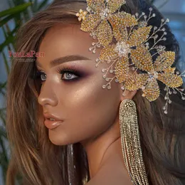 Topqueen HP252 Altın Düğün Alaşım Çiçek Kafa Gelin Başlığı Rhinestone Düğün Saç Süsler Düğün Tiara Kadınlar Için X0625