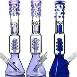 Blue Glass Water Bongs Bägare Glass Dab Rigs Hookahs Arm Tree Percolater Pipe Recycler Thick Base Spiral Coil Purple Bubbler Oil Burner
