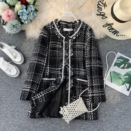 女性の秋の新しいファッションo-neck long-sleeve plaidパターンツイードウールミディアムロングコートカサコプラスサイズmlxl