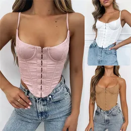 Sexy Women Tube Corset Summer Crop Tops Boning Bustier BacklCamis Push Up Front Button Low Cut Tank Clubwear 2021 New X0507