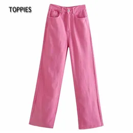 Mode Lange Jeans Rose Rosa Gerade Denim Hosen Hohe Taille Frau Hosen Streetwear 210421