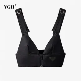 VGH preto sexy coletes para mulheres v neck sem mangas patchwork zipper curto tanque de tanques feminino feminino vestuário estilo estilo 210421