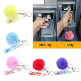 1 PC Cartão Acrílico Grabber Chaveiro Corretor de Cartão de Crédito Exaustor Extrator com Faux Pom Keychain para Carro Key Backpack Pendurado Ornamento G1019