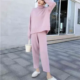 Jesień i zima Trykotowy Turtleneck Warm Sweter + Wysoka Talia Dzianiny Pant Women Suit Odzież 2-częściowy zestaw 210520