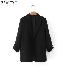 Kadın Moda Çentikli Yaka Uydurma Blazer Coat Ofis Roll Up Kol Cepler Kadın Chic Açık Dikiş SW712 210416 Tops