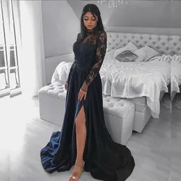 Evening Neck Black High Dresses Side Slit Long Sleeves Lace Appliques Sweep Train Floor Length A-line Satin Prom Party Gowns