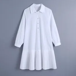 Wiosna Kobiety Pressed Pleat Hem Splicing White Mini Dress Kobieta Dziewięć Dzielnica Rękaw Odzież Dorywczo Los Loose Vestido D7396 210430