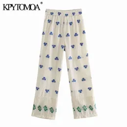 KPyTomoa Mulheres Moda Floral Bordado Calças Retas Do Vintage Cintura Elástica Split Hem Feminina Calças de tornozelo Mujer 211124