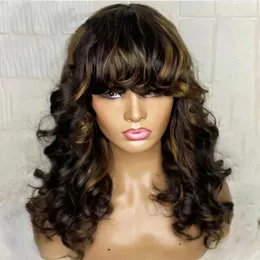 Highlights Blonde Brown Body Wave Wig With Bangs 360 Frontal Human Hair Peruvian Remy Glueless 13x6 Lace Front Fringe Wigs