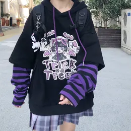 Hoodie Fake Två Piece Hooded Sweatshirts Striped Patchwork Hoodies Kvinnor Kläder för Tonåringar Anime Harajuku Black Tops