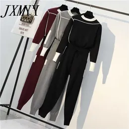 JXMYY Autumn Runway 2 Pieces Set Knitted Long Sleeve Pullovers Sweater Casual Patchwork Knit Jumper Tops and Pants Suits 211221