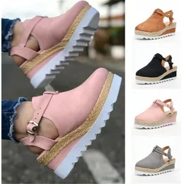2021 Kvinnor Fashion Wedge Tofflor Högklackspänne Ankle Canvas Shoes Casual Dekorativ Gummi Sole Öppna Toe Bekväma Wild Sandaler