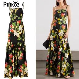 Elegant Boho A-Line Camisole Sexiga Klänningar Kvinnor Runway Maxi Klänning Vintage Summer Party Flower Printed Robe Femme Été 210421