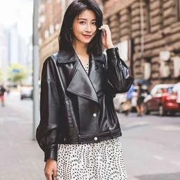 Autumn Loose Fit Faux Leather Jacket With Turndown Collar