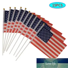 15pcs USA the Small 14X21CM United States flag America hand flag flying hand national flag with Pole Handing