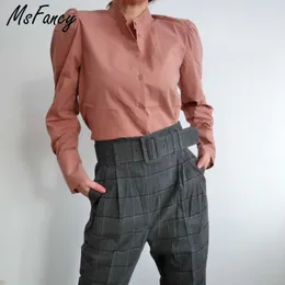 MSFANCY Pembe Bluz Kadınlar Standı Yaka Uzun Kollu Vintage Gömlek Bahar Zarif Puf Kol Blusas Mujer Rahat Tops 210604