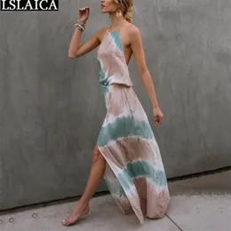 Tie Dye Dress Donna Estate Halter senza maniche Vita alta Maxi Sexy Backless Evening Party Lungo Boho Vestido De Mulher 210515