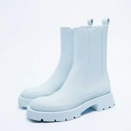 ZA سميكة سوليد تشيلسي أحذية قصيرة للنساء الخريف والشتاء موضة منتصف العجل الضوء الأزرق مارتن الأحذية 210911
