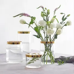 Nordic Transparent Szklany Wazon Golden Siatka Pokrywa Salon Kwiat Układ Ikebana Dekoracja Desktop Hydroponic Rośliny Narzędzie 210409