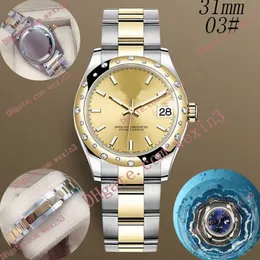 Kvinna Diamond Watch Ladies Klockor Guld 31mm Vit Yster Range bred Flatrem Montre de Luxe 2813 Automatisk stålbad Vattentät Armbandsur