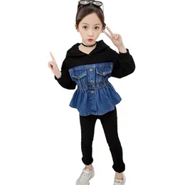 Girls Clothes Set Patchwork For Denim Hoodies + Legging Costume Girl Spring Autumn Tracksuit Kids 210527