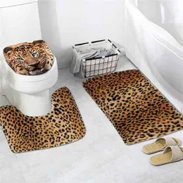 3 Piece Set Leopard Printed Non-Slip Bathroom Toilet Pedestal Rug Floor Mat Toilet Lid Cover Waterproof Floor Mat Bathroom Decor 210401